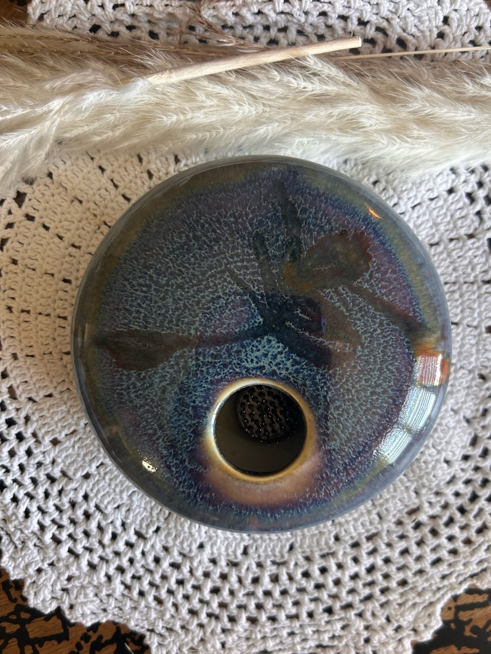 Georgetown Pottery Signed Round Ikebana Vase with Metal Flower Frog Glazed Blue